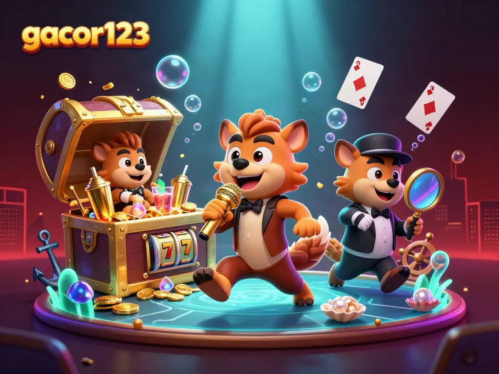Engage with gacor123 at a vibrant comedy casino featuring hyenas in dynamic scenes intertwined with playful gambling elements.