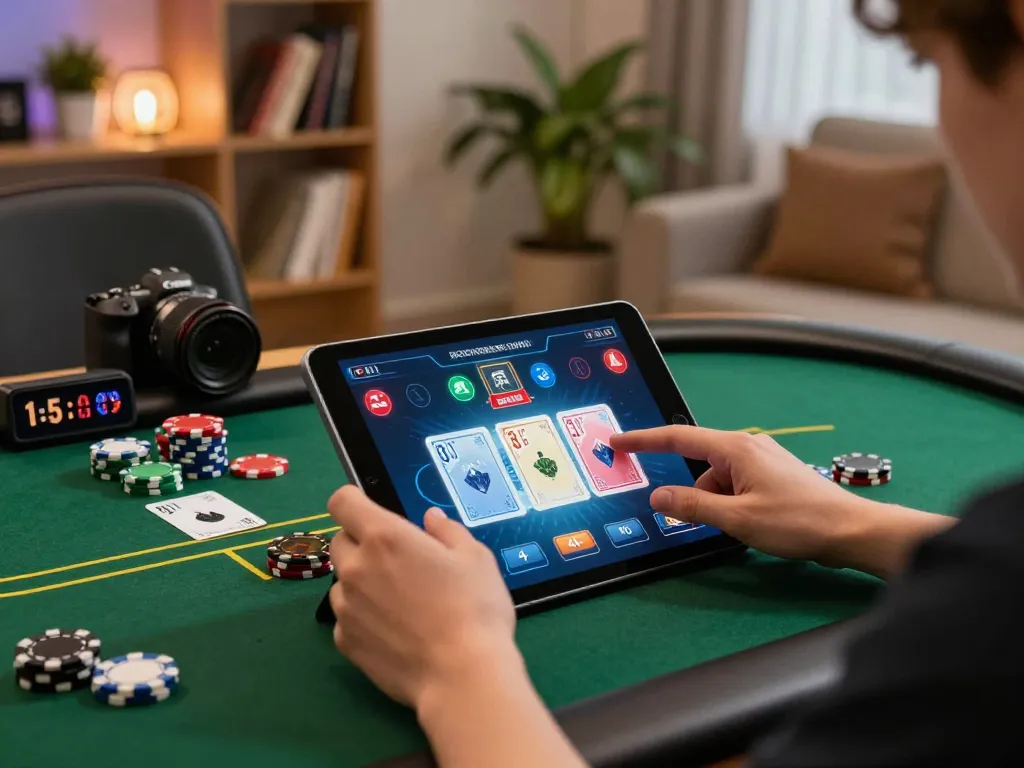 Engaged player using jmb88 for strategic online poker gameplay at home, showcasing responsible gaming.
