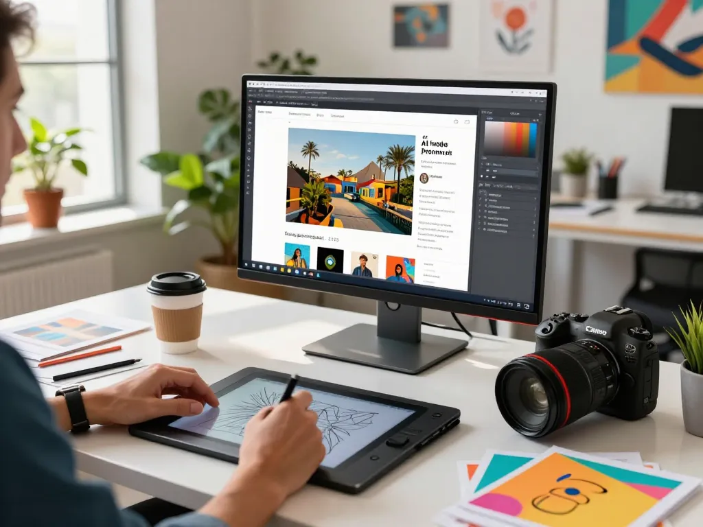 Using an image to prompt generator, graphic designer analyzes visuals in a creative workspace.