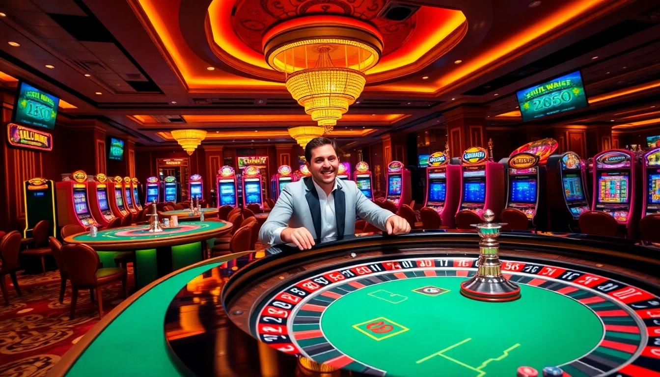 Experience thrilling gameplay at Jun 88 casino with vibrant tables, excited players, and glowing slot machines.