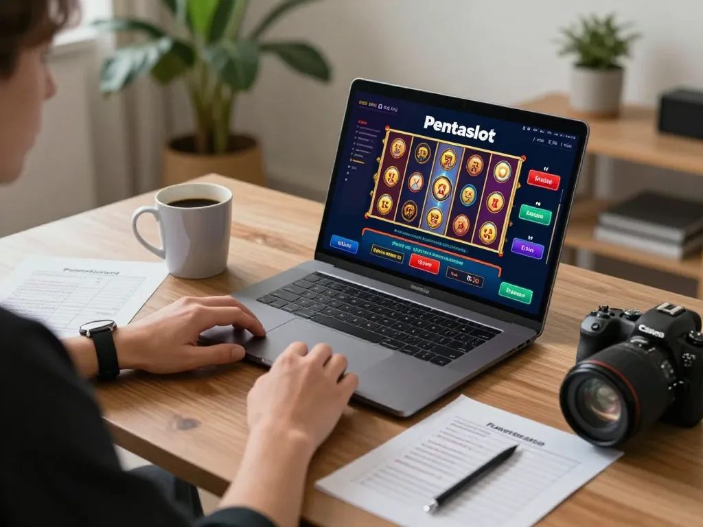 Pentaslot online gaming scene featuring a player engaged with colorful slot games on a laptop.