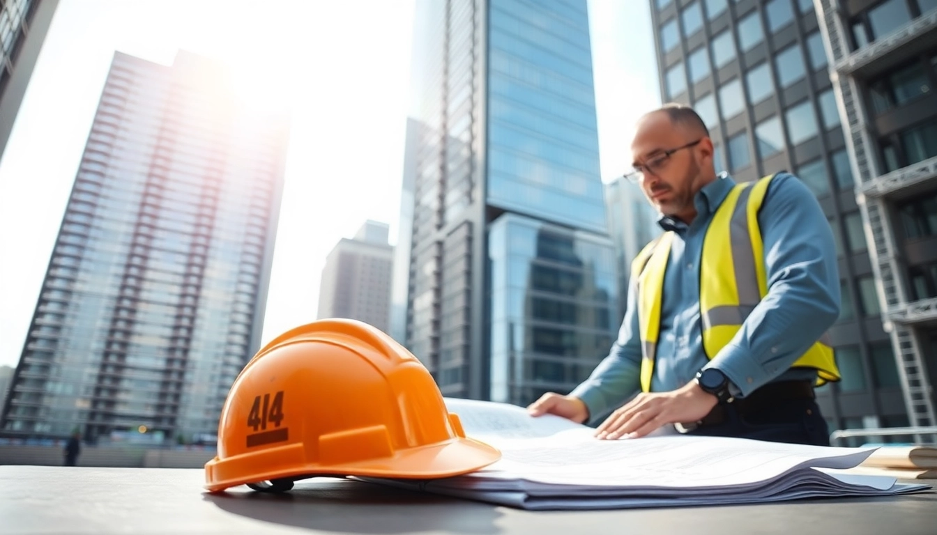 Engaging image showing a New York City General Contractor at a modern construction site, analyzing blueprints.