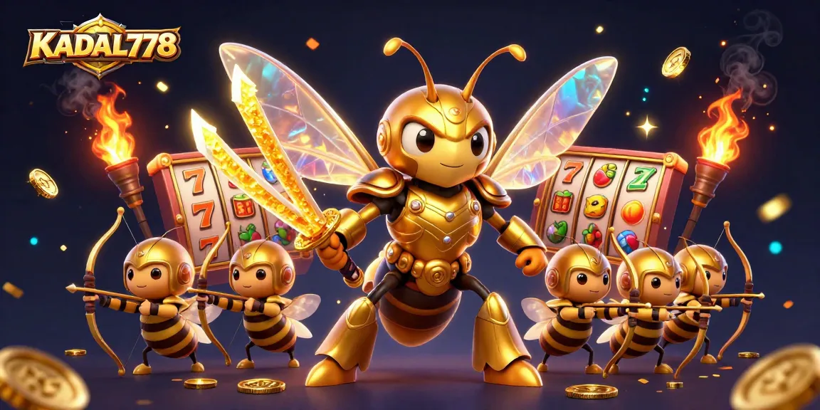 KADAL778 showcases an exciting 3D casino scene featuring a golden hornet in samurai armor amidst animated slot reels.