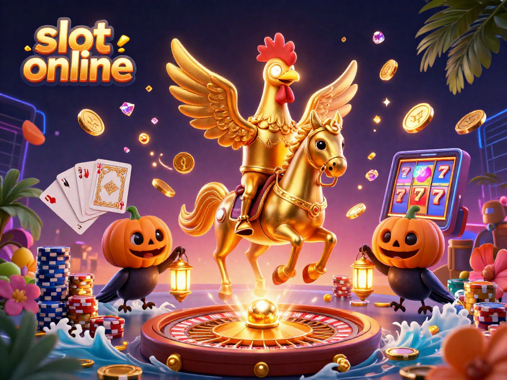 Menangkan slot online dengan permainan menarik yang dikelilingi koin dan lampion emas di kasino malam.