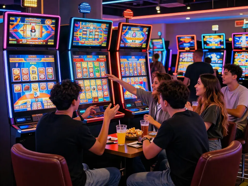 Exciting group playing slot gacor in a vibrant casino atmosphere with dynamic lights and sounds.
