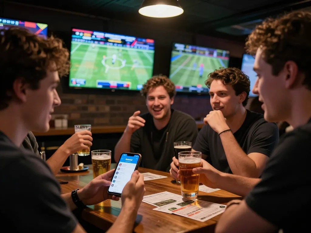 Enjoying sports betting with Okwintv app while watching live games in a lively bar atmosphere