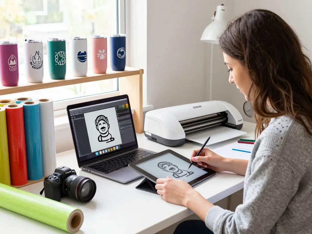 Designer creating unique SVG files for Cricut in a vibrant home studio.