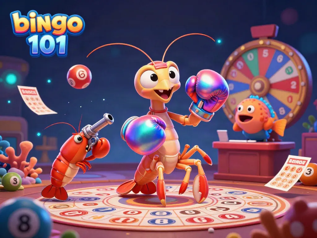 Bermain bingo 101 dengan karakter udang mantis dalam sarung tangan tinju beriridesensi dan ikan grouper pengumuman dalam suasana ceria.