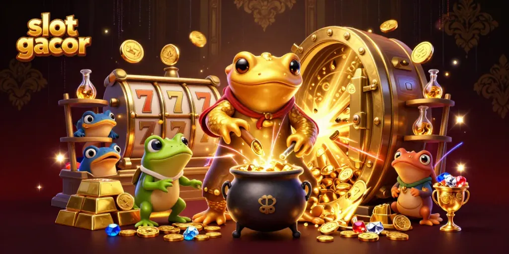 Experience the excitement of slot gacor with a magical 3D casino scene filled with gold and treasure.
