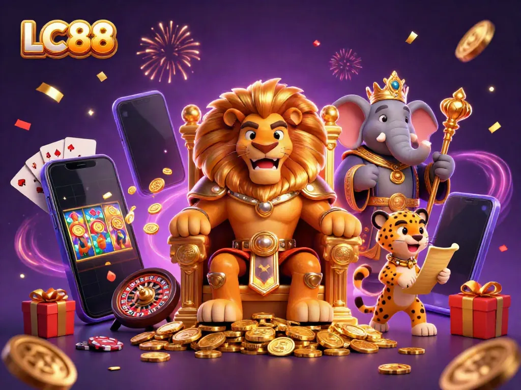 Engage with LC88's vibrant online casino, featuring a lion king surrounded by game elements like slots and cards.