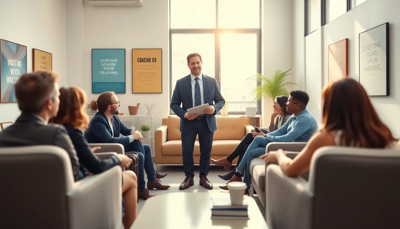 Business coach san diego assisting clients in a modern, inspirational office setting.