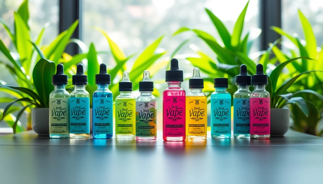 No nicotine vape collection with colorful juices and lush greenery for refreshing vibes.