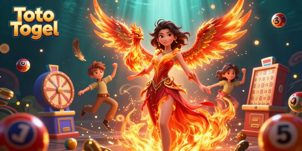 Toto Togel lottery excitement with a stunning Asian character, fire phoenix, and vibrant game elements.