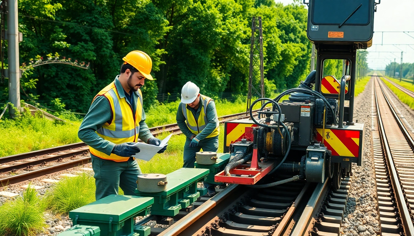 Effective railroad maintenance with a dedicated crew conducting track repairs on a sunny day.
