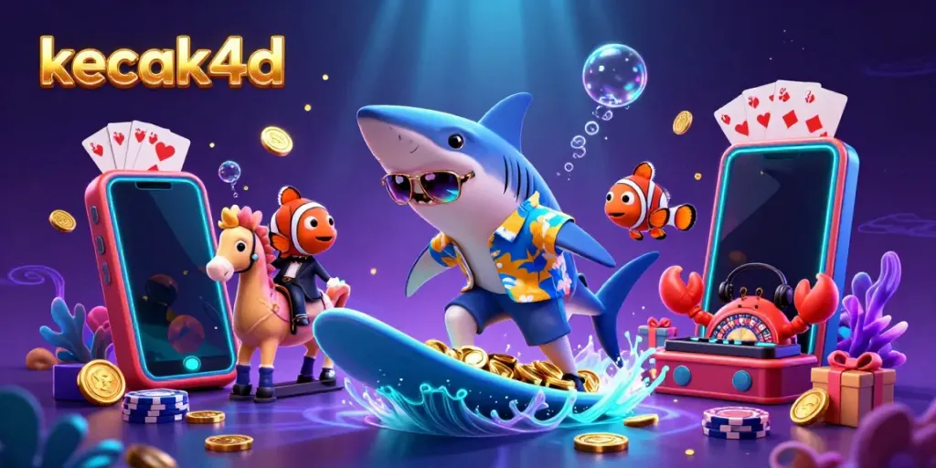 Experience excitement with kecak4d featuring a fun shark surfing gold coins in a vibrant casino scene.