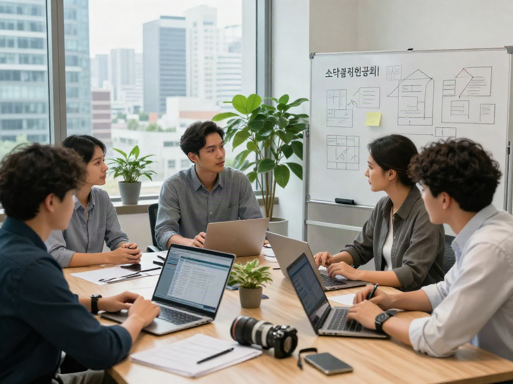 소액결제현금화 전략을 논의하는 다양한 전문가들이 있는 현대적인 금융 기술 사무실 장면