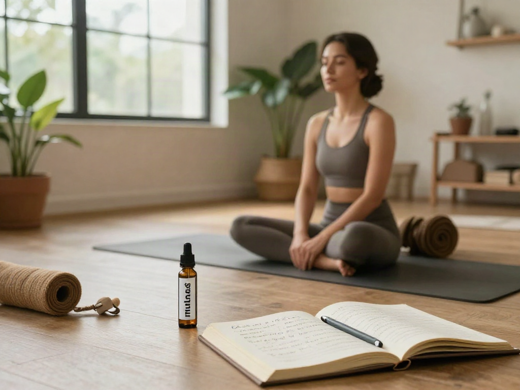 muha meds disposable vape pen alongside a woman meditating in a serene home yoga studio, highlighting natural wellness.