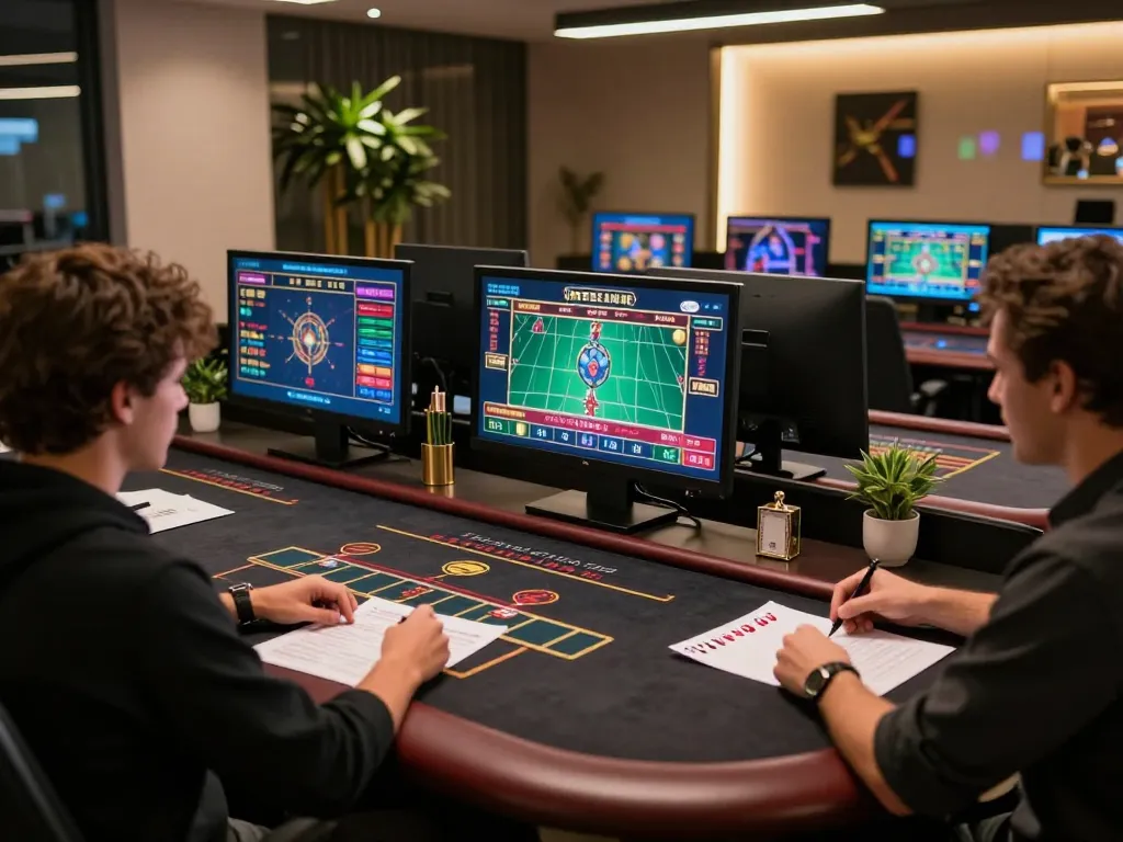 Shbet player engaged in an immersive online casino experience, showcasing multiple screens and strategic notes.