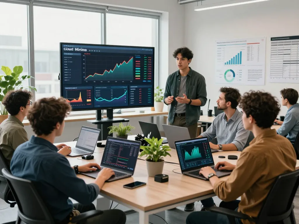 Dynamic team analyzing best cloud mining website data in modern office setting with real-time mining metrics.