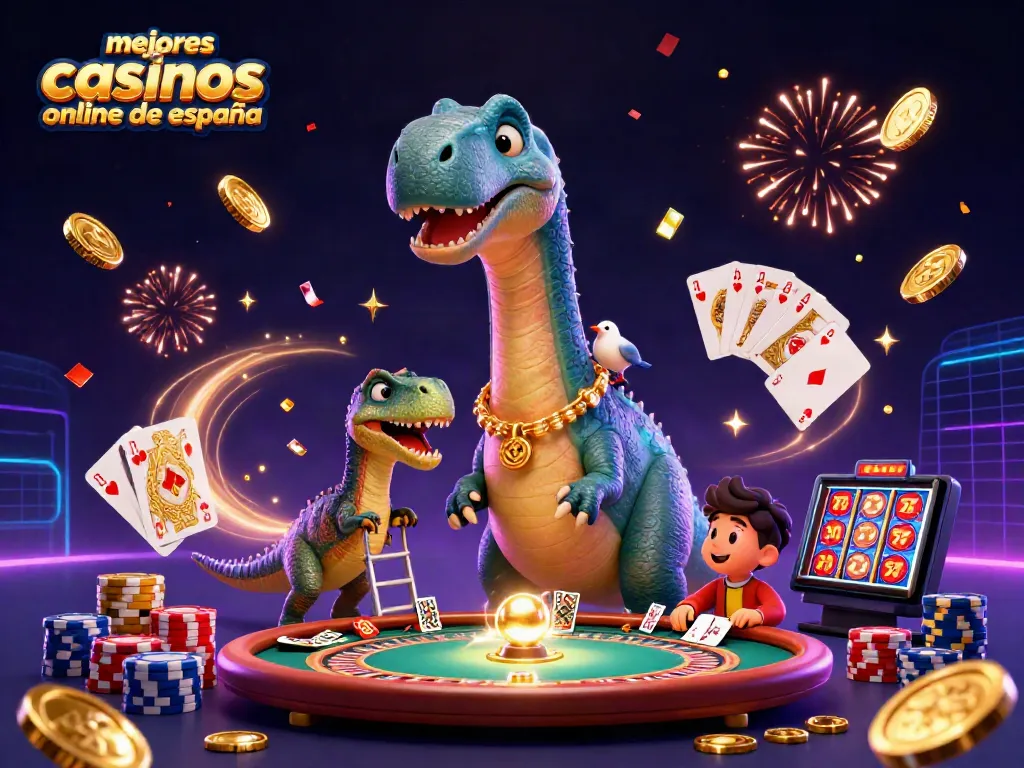 Los mejores casinos online de España se muestran en una vibrante escena de casino con un brontosaurio y un velociraptor.