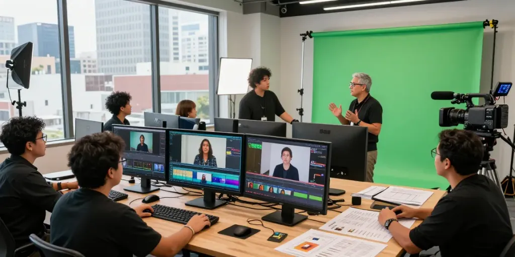Testimonial video production Los Angeles, California with a diverse team working in a modern studio setting.