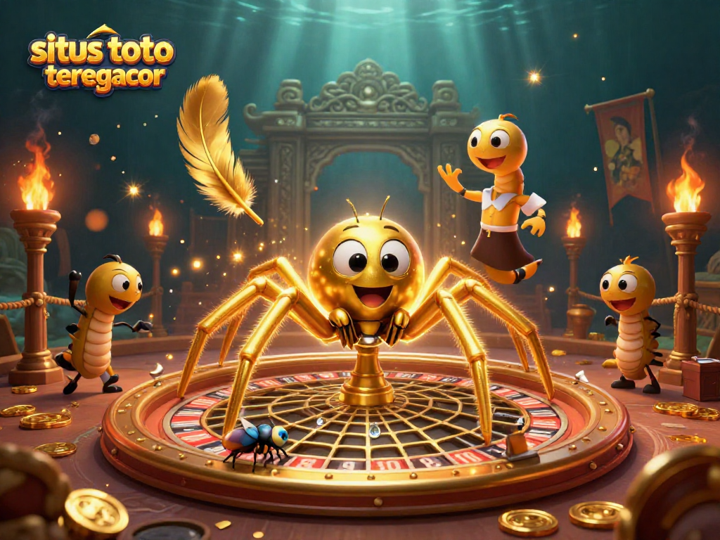 Experience excitement at situs toto slot tergacor with a 3D cartoon illustration of a spider and accompanied elements in a casino scene