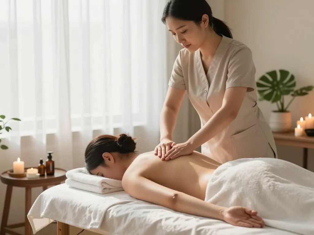 Massage therapist performing Swedish massage in a tranquil spa setting.