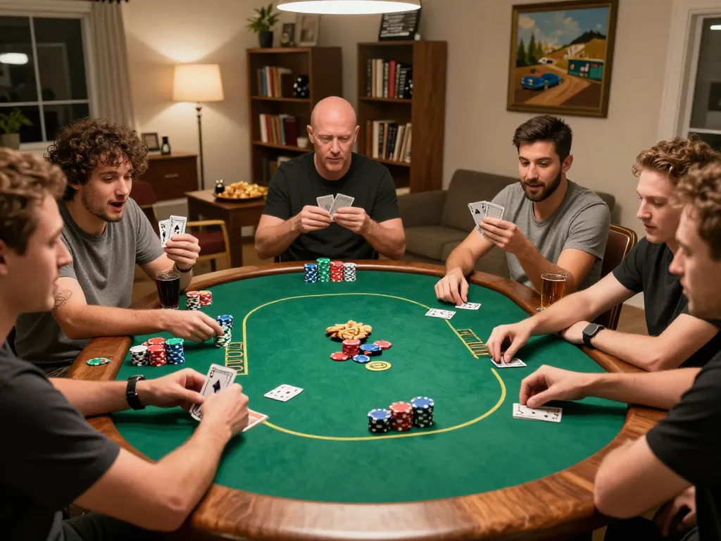 Friends enjoying a competitive poker game during a lively home poker night, showcasing a white label casino experience.
