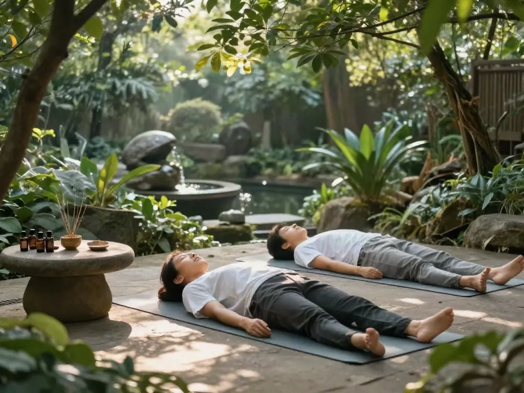 Individual meditating at a serene garden retreat, reflecting rokok88 wellness.