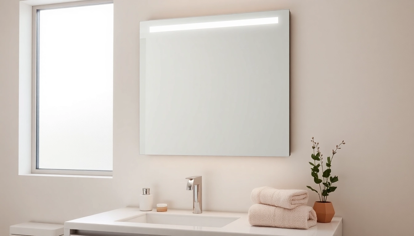Showcase a stylish bathroom mirror with led light, enhancing modern luxury in a tranquil setting.