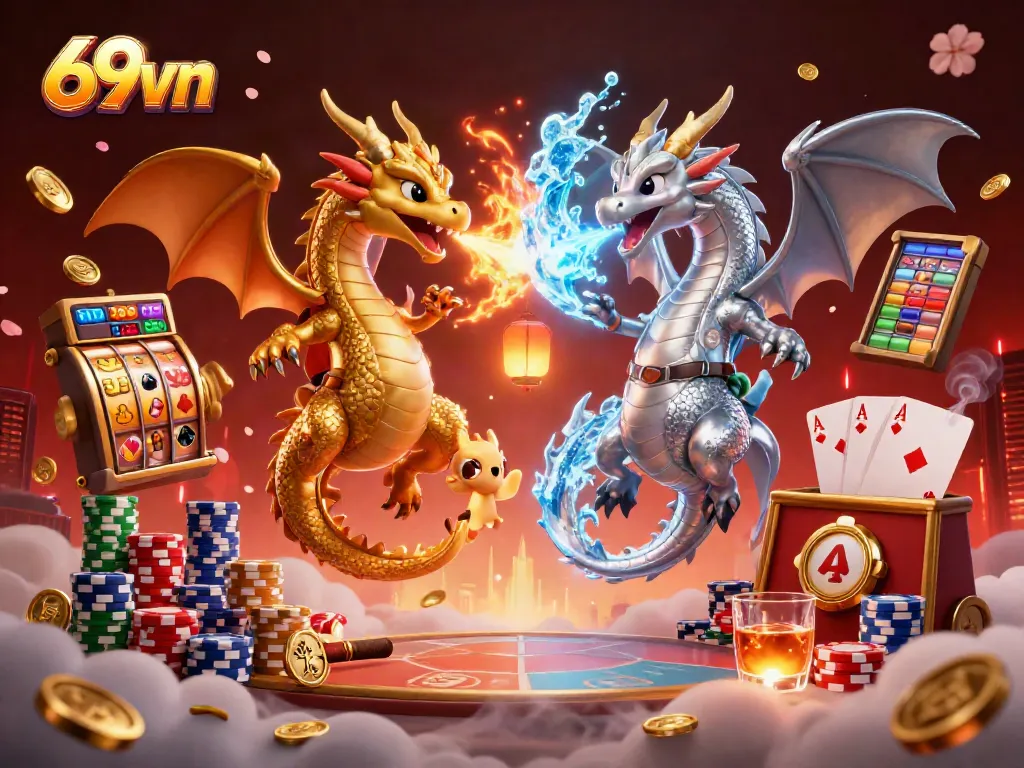 Engage in thrilling gameplay at 69vn with golden and silver dragons amidst dynamic casino elements.