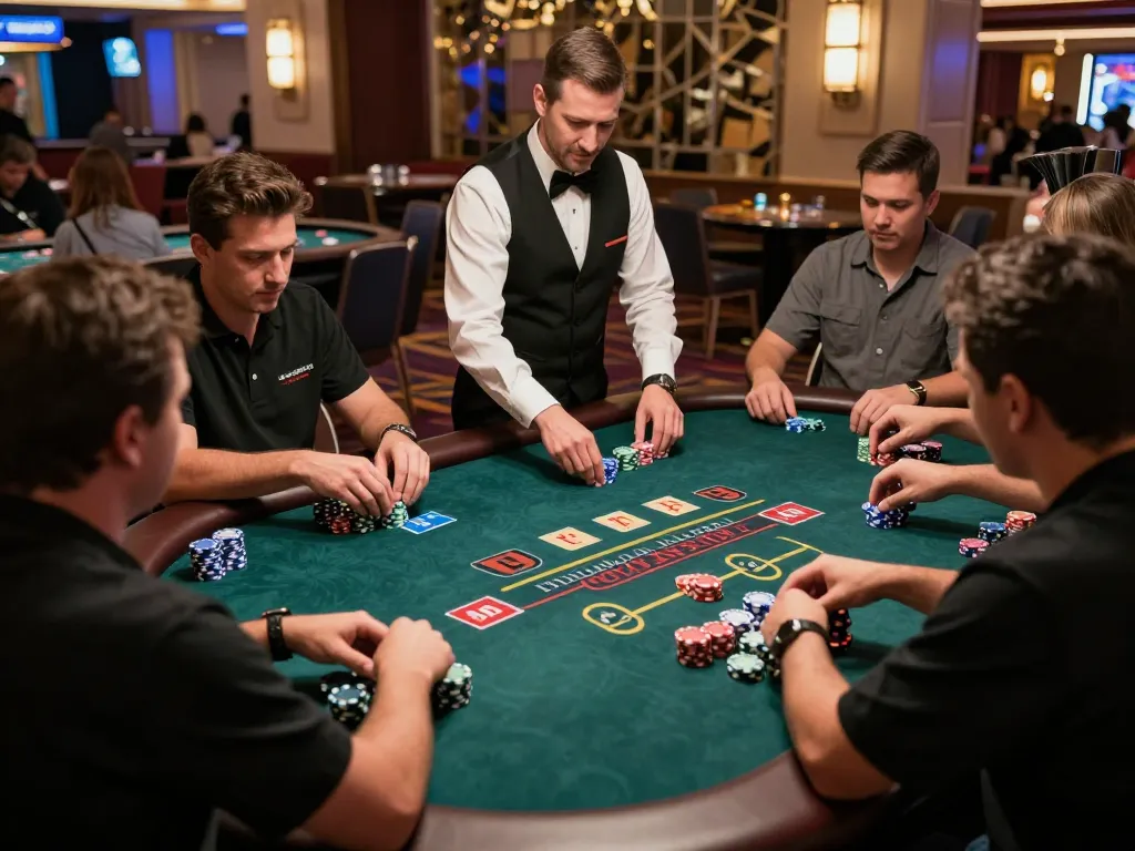 Players engaging in a strategic blackjack game at a Las Vegas casino, showcasing dynamic betting action and an exciting atmosphere, toto included