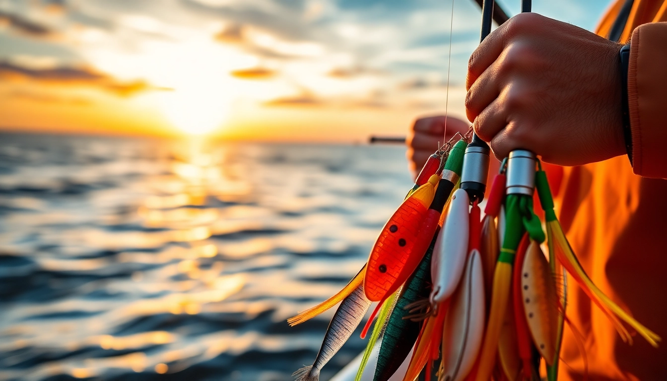 Capturing fishing gear for Cabo, vibrant lures and rods bright in a sunset fishing scene.