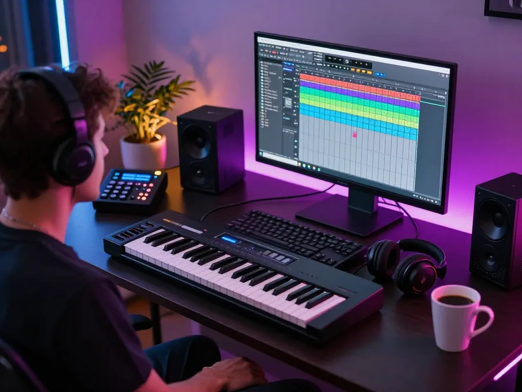 Musician engaging with SC88 sound module in a vibrant studio.