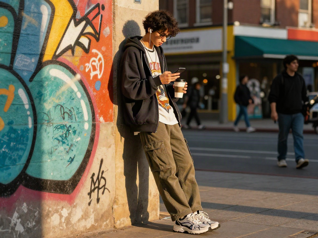 Fashionable individual showcasing rokok88 streetwear style against vibrant urban backdrop