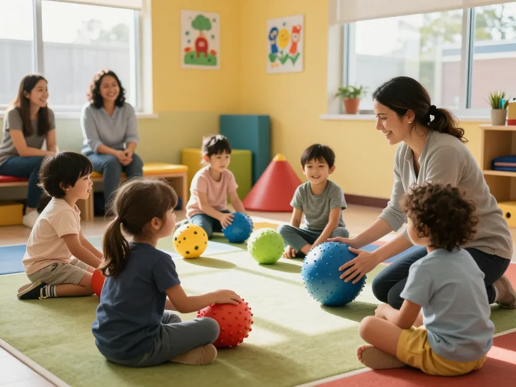 Children engaged in sensory activities at Advantage Therapy, highlighting collaborative therapy in a supportive environment.