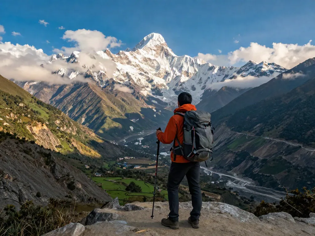 Manaslu Circuit Trek: Traveler overlooking breathtaking Himalayan peaks during their adventurous journey.