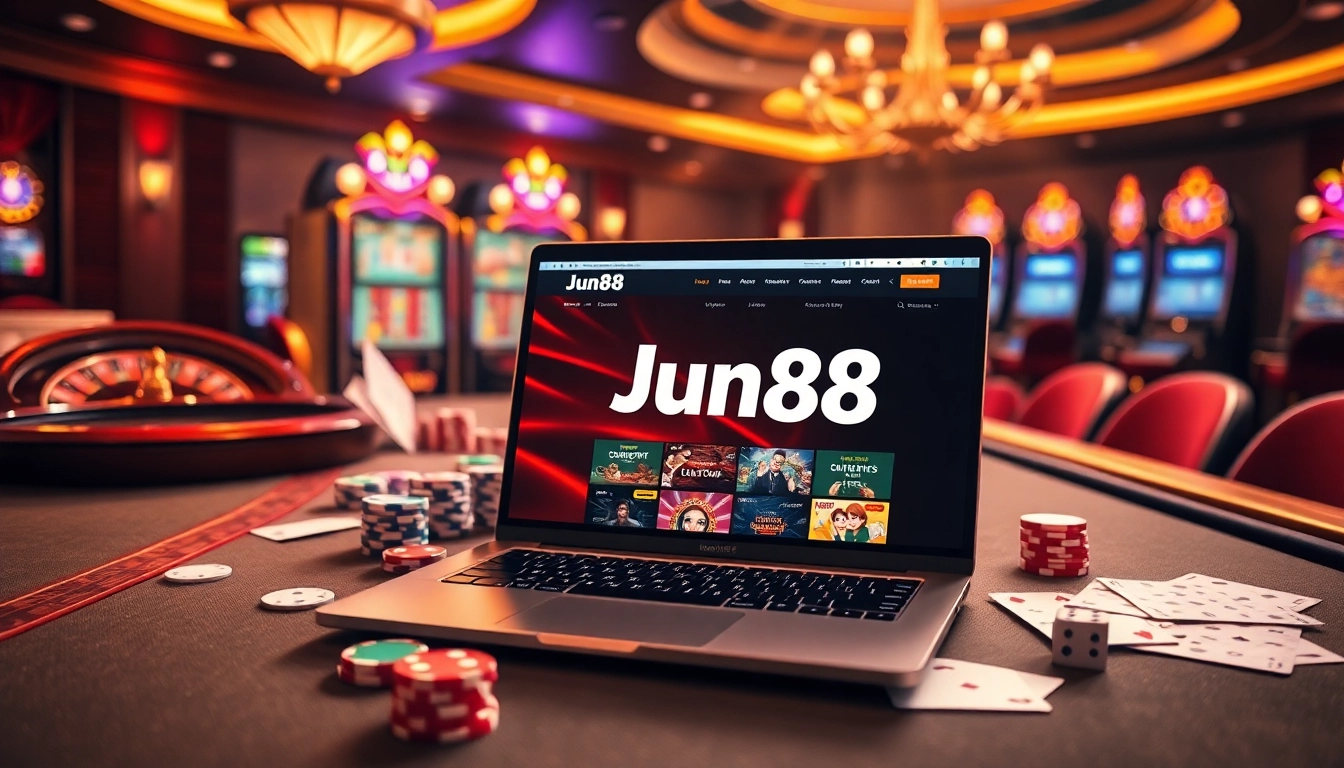 Experience the thrill of gambling at Jun88 with vibrant casino tables and slot machines in an engaging environment.