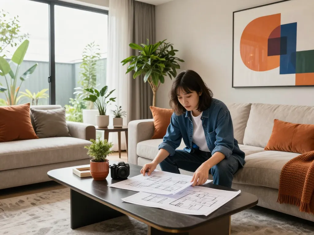House design showcasing a modern living room with natural light and stylish decor.