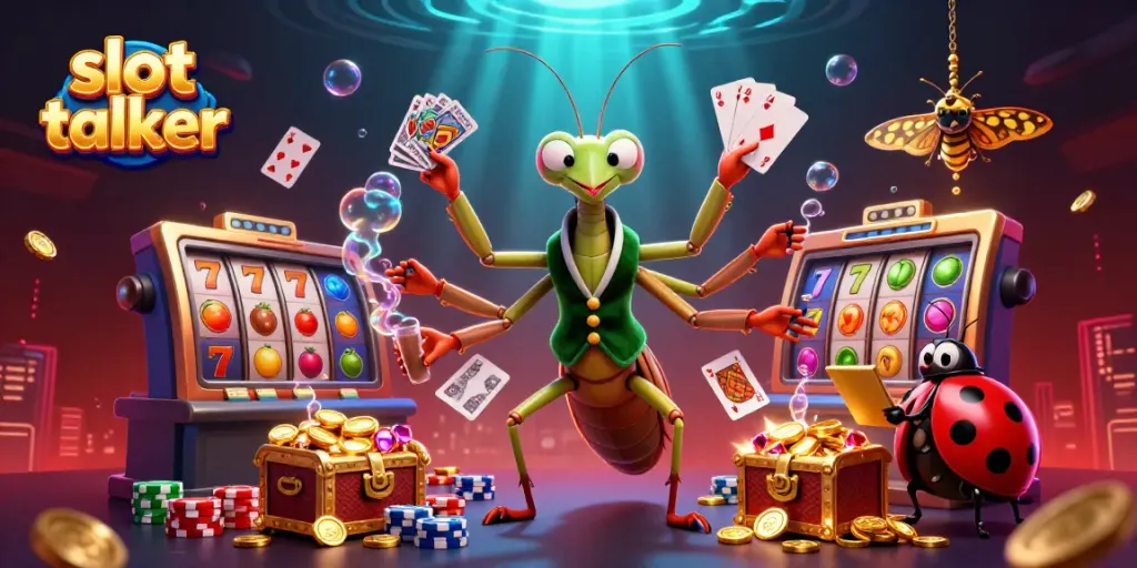 Engage in slot action with slot talker characters amidst vibrant casino elements.