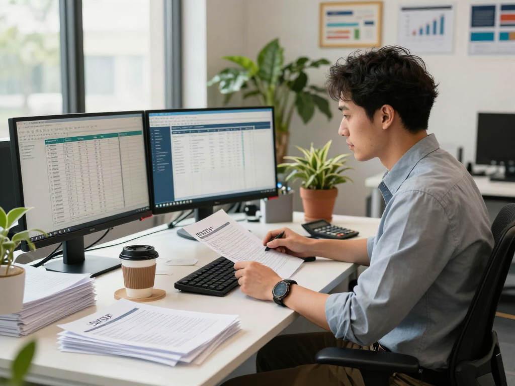 Accountant preparing SMSF tax return in a modern office setting with multiple monitors.