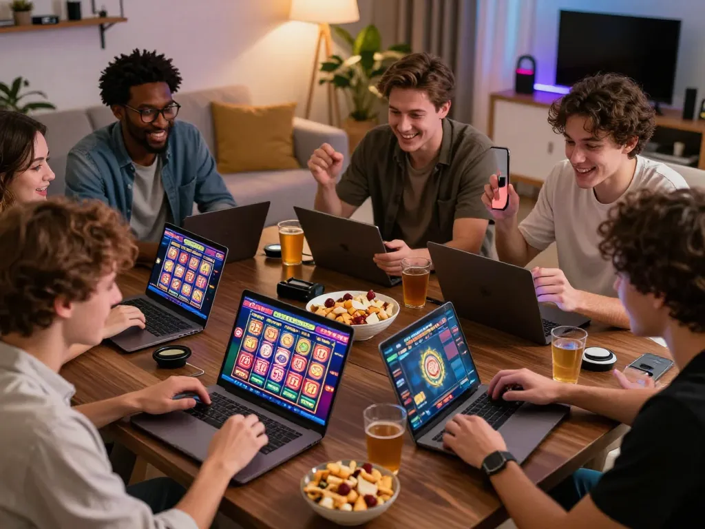 Group enjoying wraungtoto online gambling experience together at home