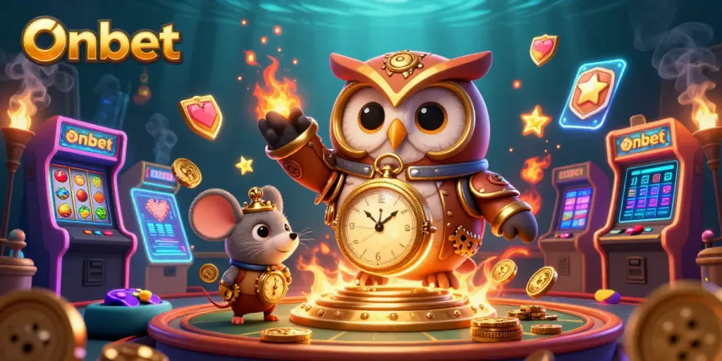 Engage with Onbet's adventures in this thrilling steampunk casino scene featuring vibrant slot elements.
