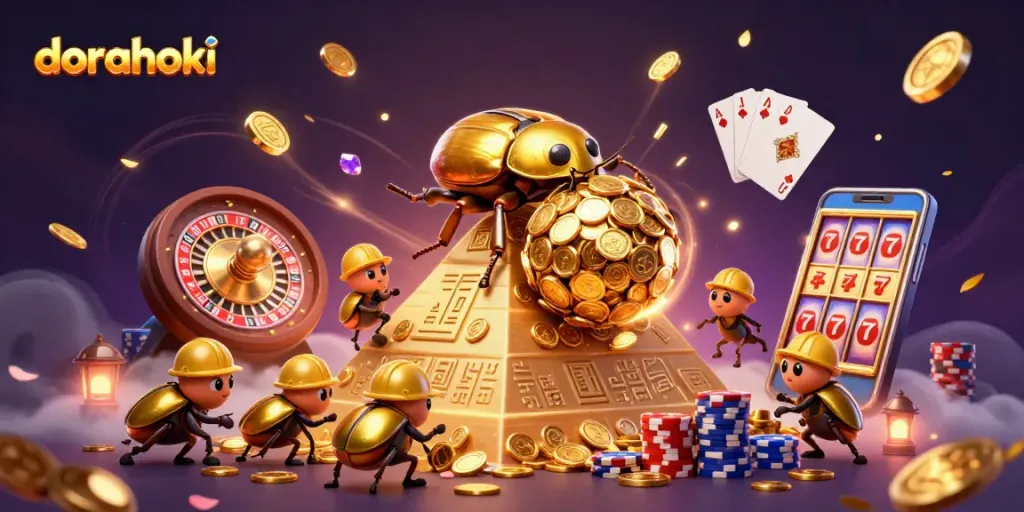 Bermain slot dalam dorahoki dengan koin emas dan simbol casino yang memukau.