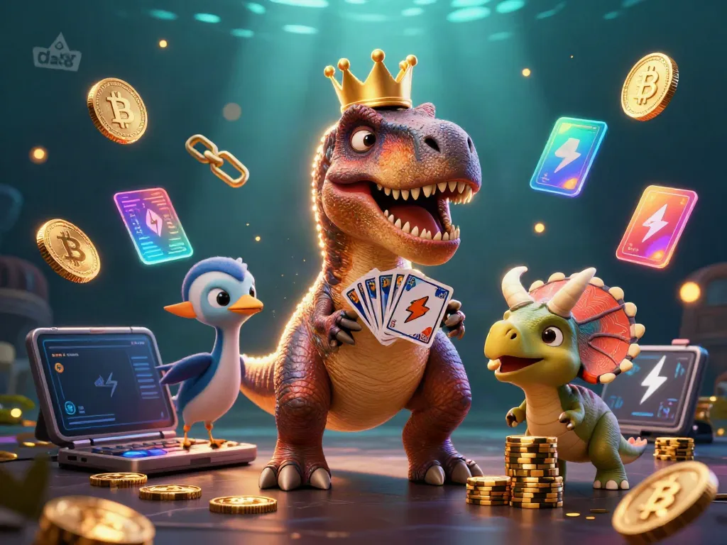 Experience the excitement of da88 with a joyful T-Rex shuffling cards, stacks of chips, and vibrant cryptocurrency elements.