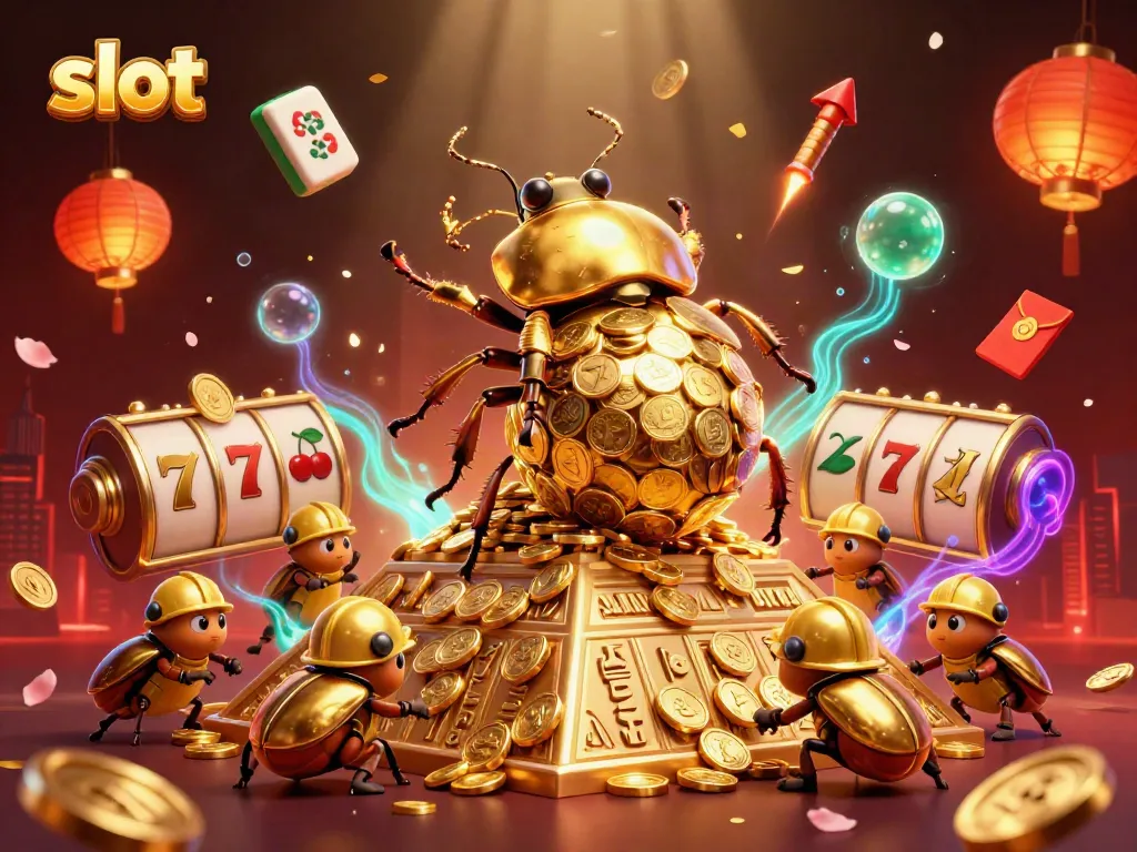 Menangkan slot di kasino dengan simbol judi emas berkilau dan beetle unik.