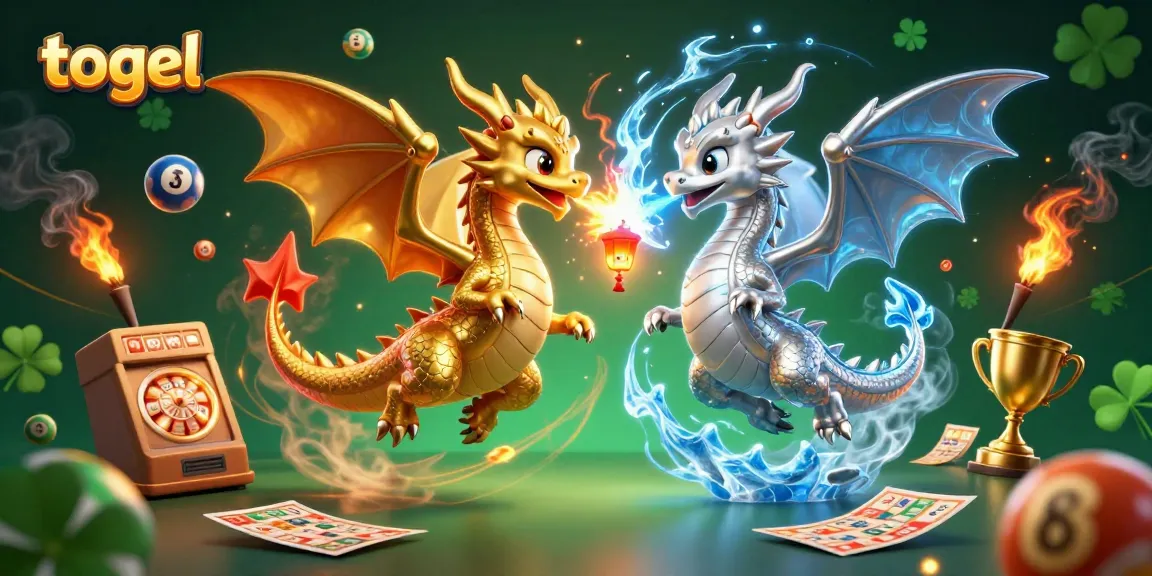 Engage in togel with vibrant 3D dragons representing fire and ice amid dynamic lottery elements.
