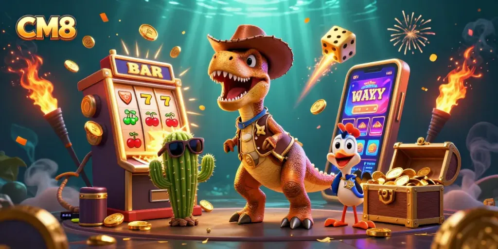 Experience the thrilling CM8 slots with a T-Rex and friends amidst an exciting jackpot scene.