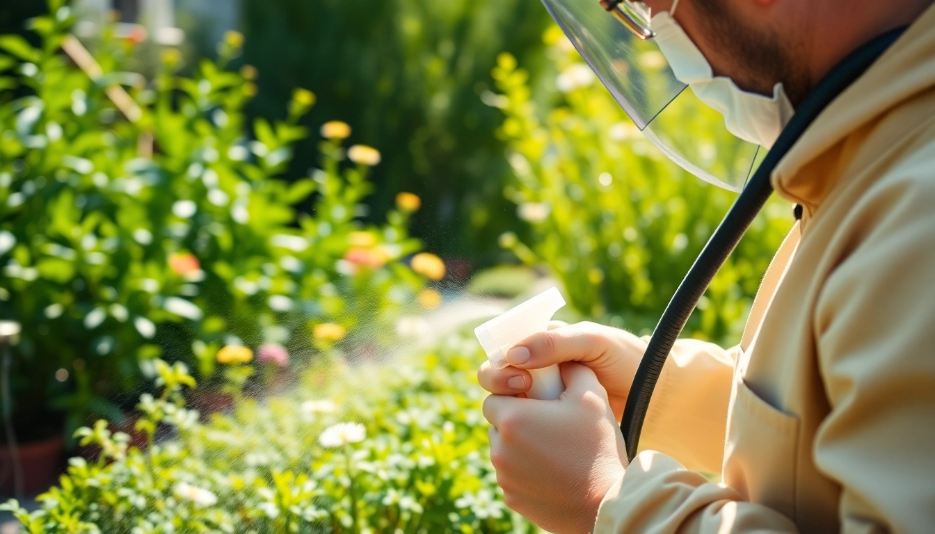Implementing millipede control treatment by a technician in a vibrant garden setting.
