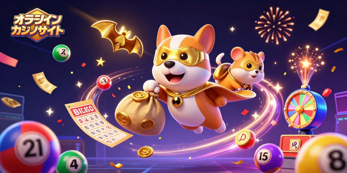オンラインカジノサイトで賭けを楽しむヒーロー犬とその仲間のアクションイラスト
